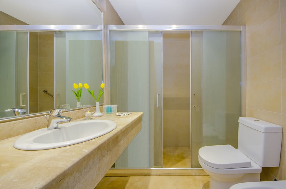 Shower, rainfall showerhead, free toiletries, hair dryer