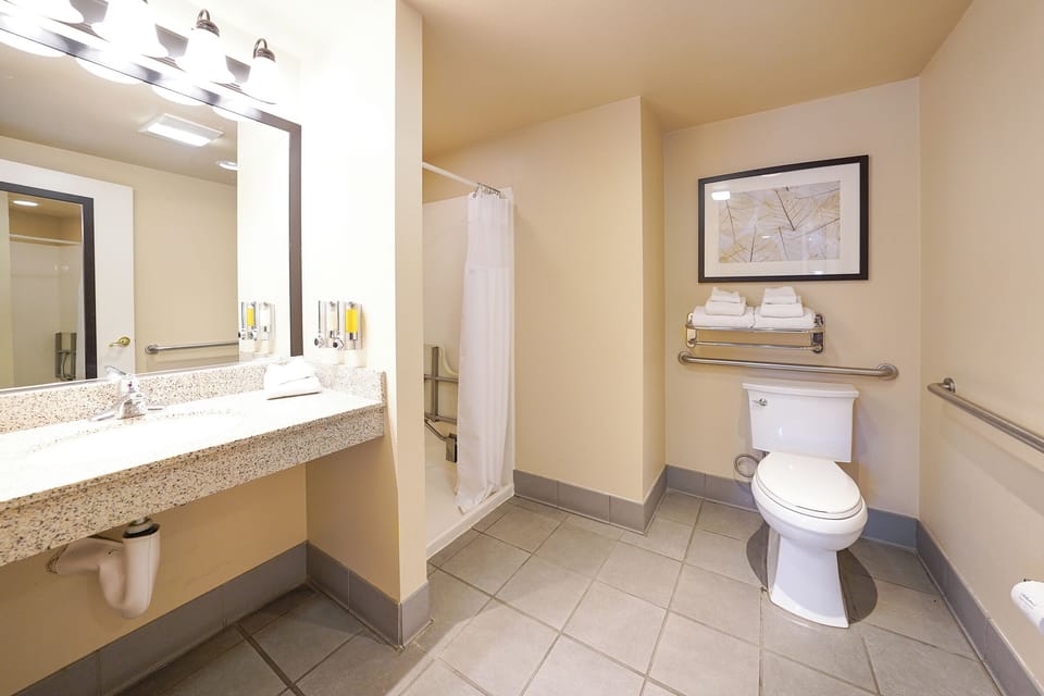 Mobility Accessible, 1 King Bed, Golf View  | Bathroom | Hair dryer, towels, soap, shampoo