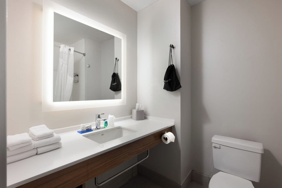Combined shower/tub, free toiletries, hair dryer, towels
