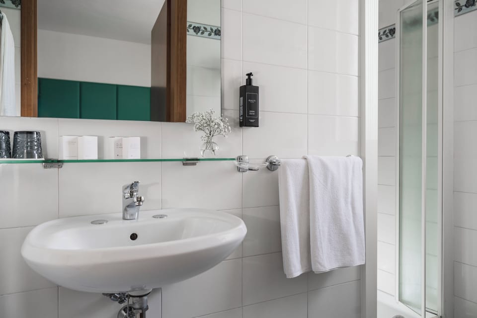 Shower, rainfall showerhead, designer toiletries, hair dryer