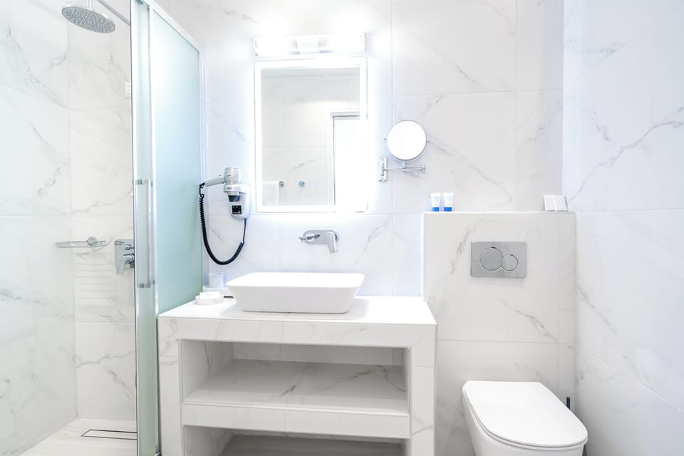 Shower, hair dryer, towels