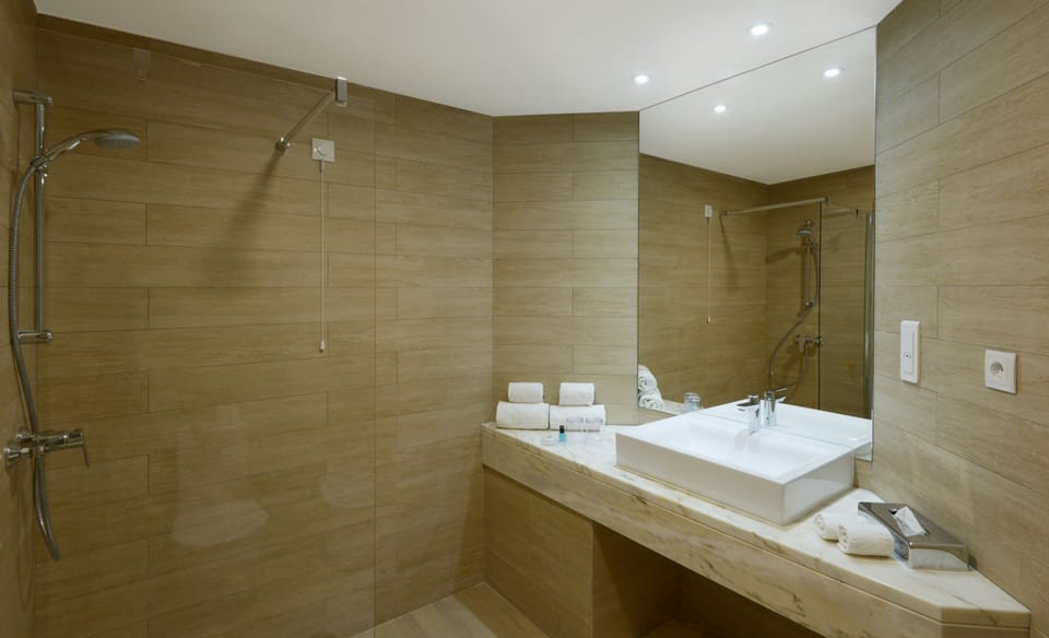 Shower, free toiletries, hair dryer, towels