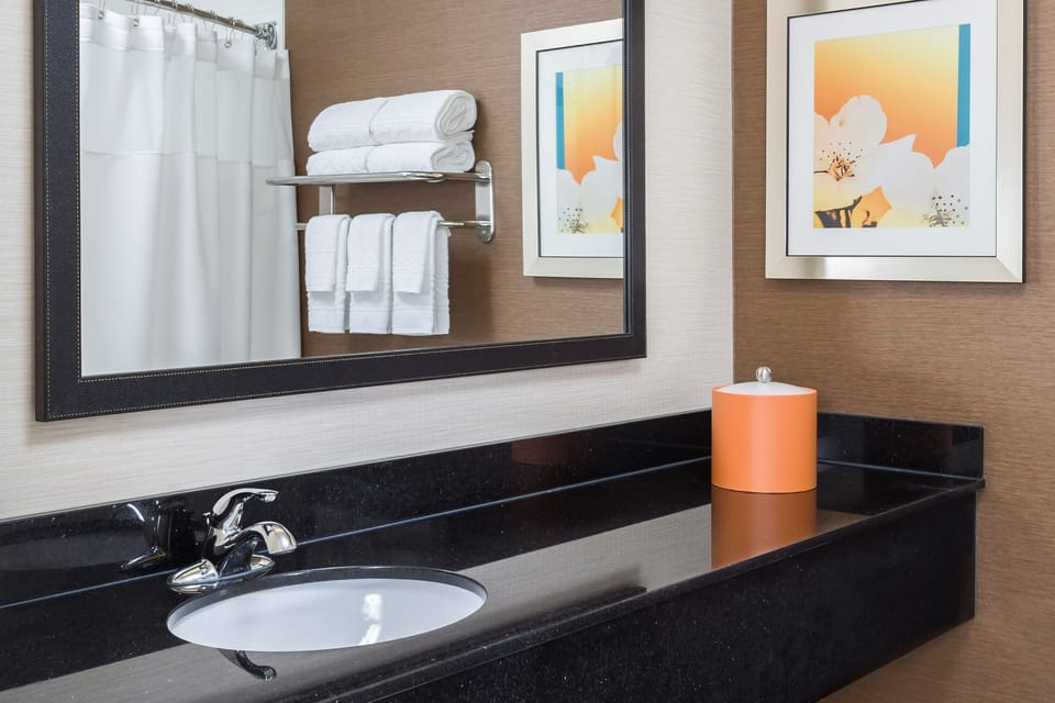 Combined shower/tub, free toiletries, hair dryer, towels