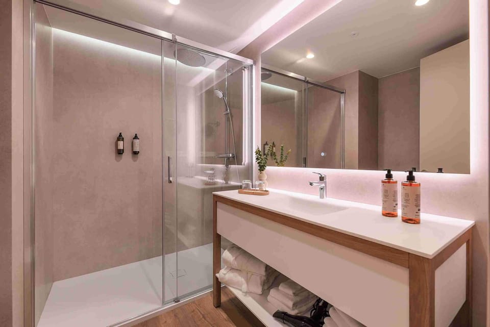Combined shower/tub, hair dryer, bidet, towels