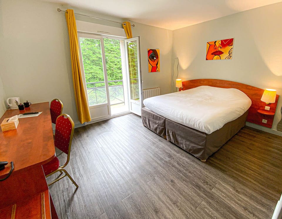Premium bedding, desk, laptop workspace, soundproofing
