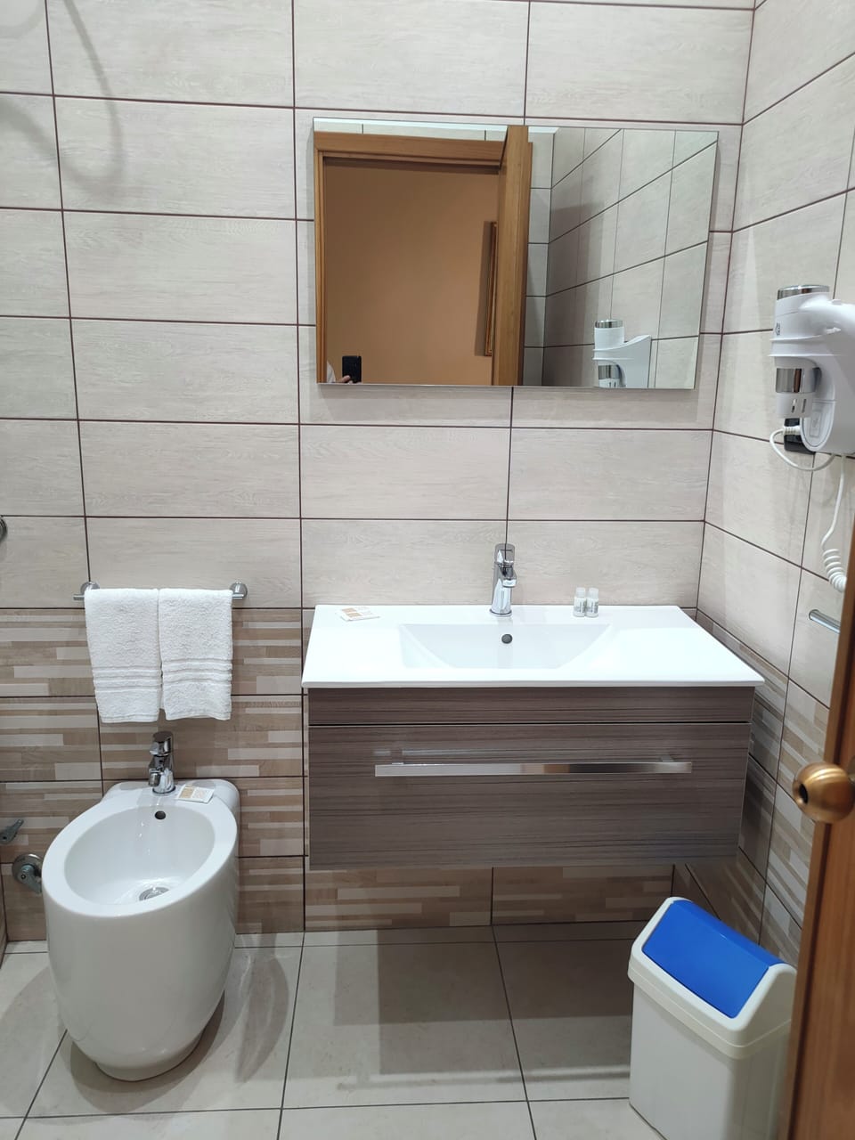 Shower, hair dryer, slippers, bidet