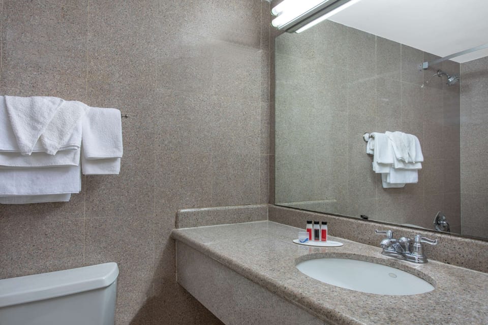 Combined shower/tub, free toiletries, hair dryer, towels
