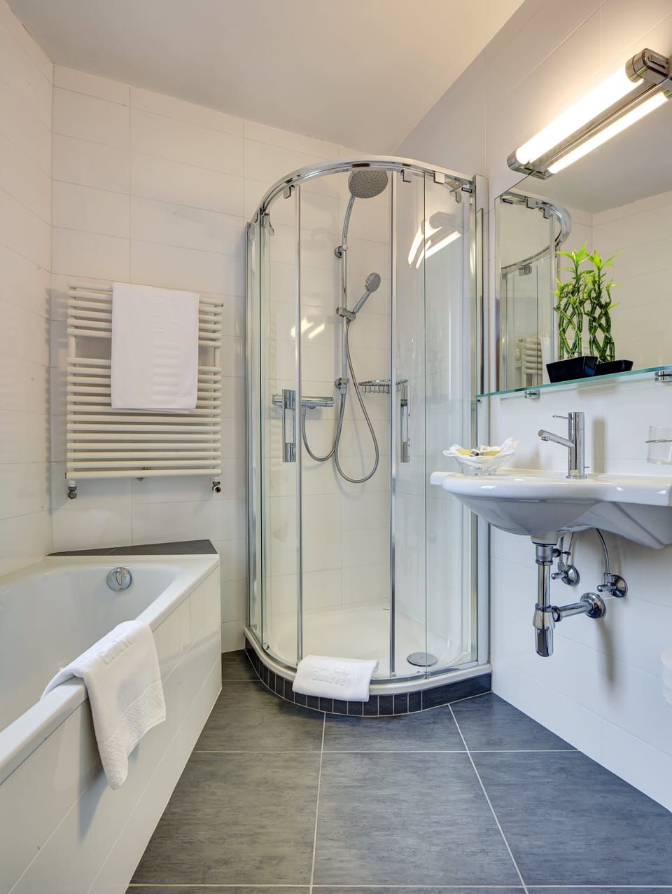 Combined shower/tub, free toiletries, hair dryer, towels