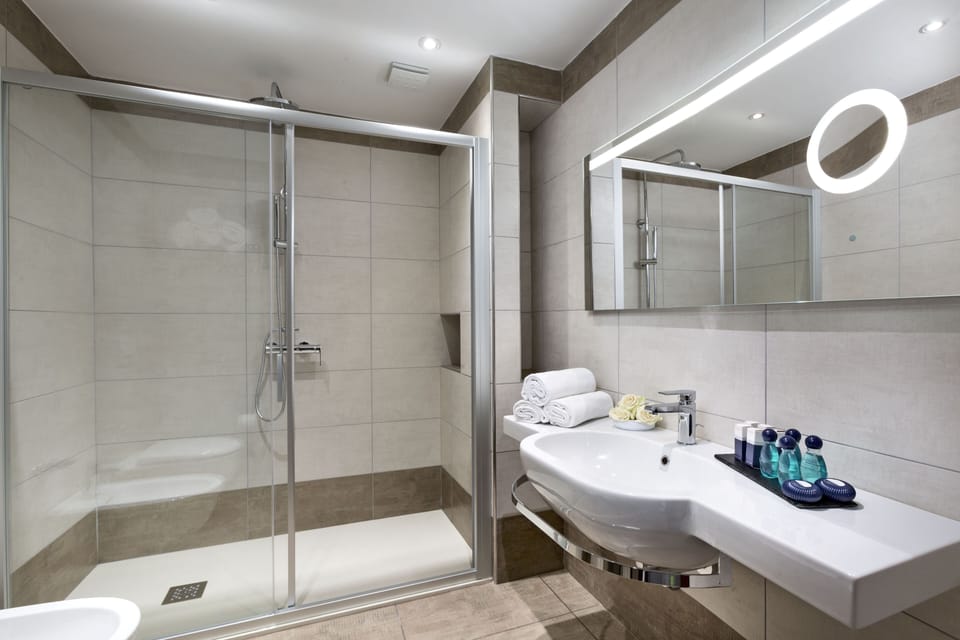 Combined shower/tub, hair dryer, bidet, towels