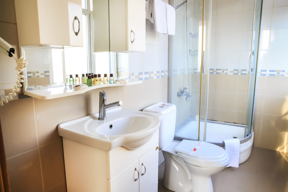 Shower, free toiletries, hair dryer, slippers
