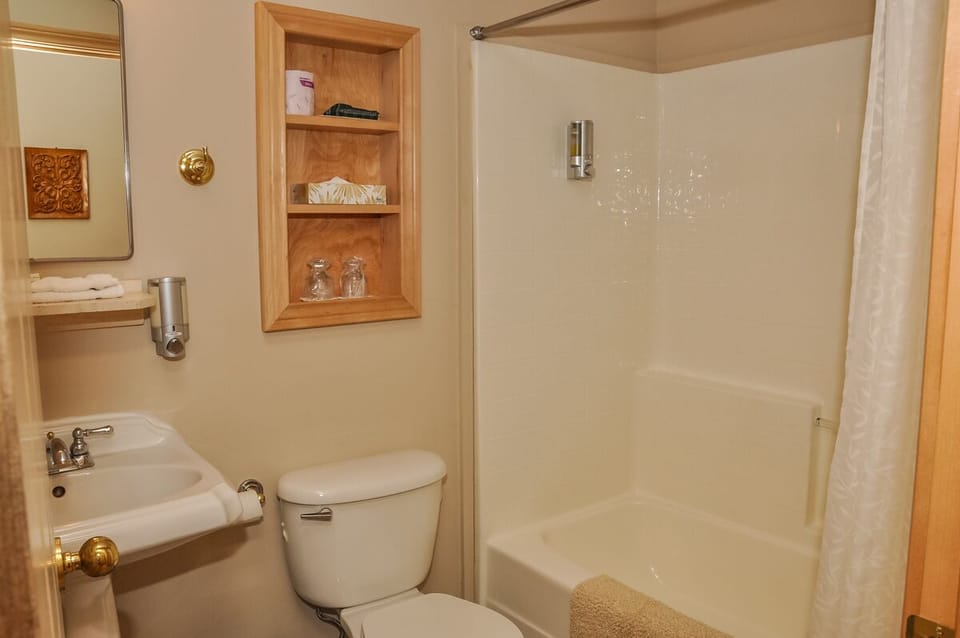 Combined shower/tub, eco-friendly toiletries, hair dryer, heated floors
