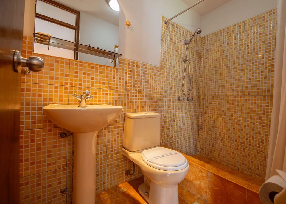 Shower, rainfall showerhead, designer toiletries, towels