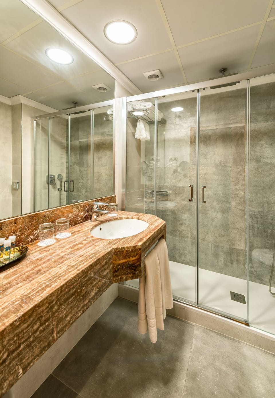 Hair dryer, towels, soap, shampoo