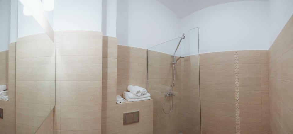 Shower, free toiletries, towels