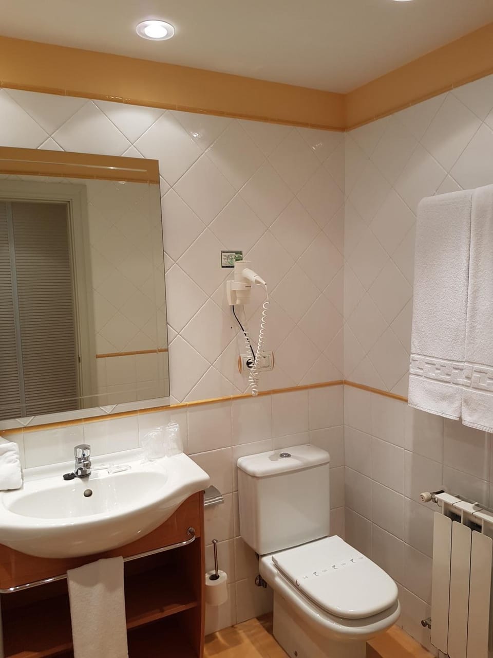 Combined shower/tub, free toiletries, hair dryer, towels