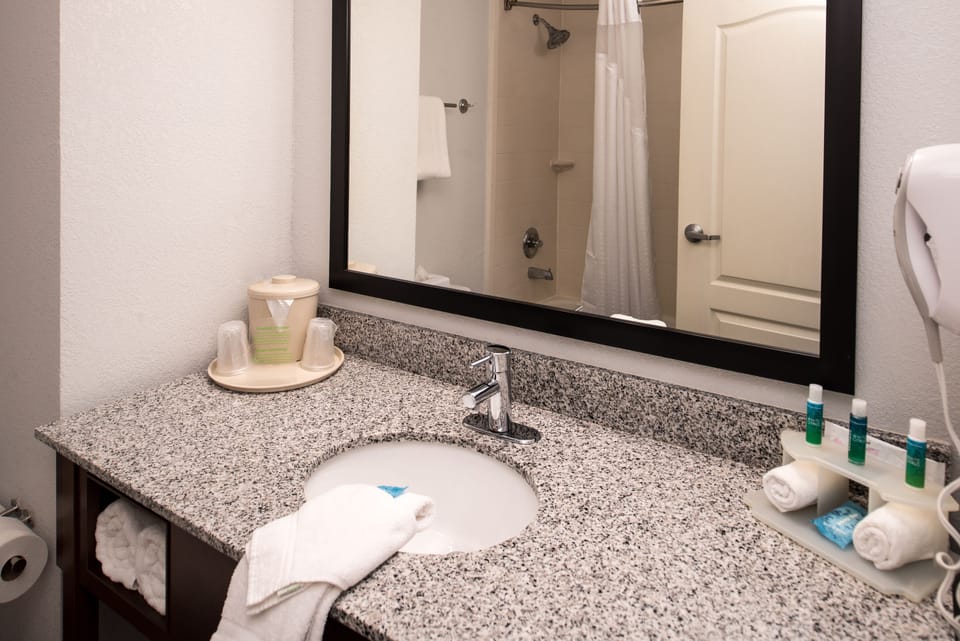 Combined shower/tub, free toiletries, hair dryer, towels