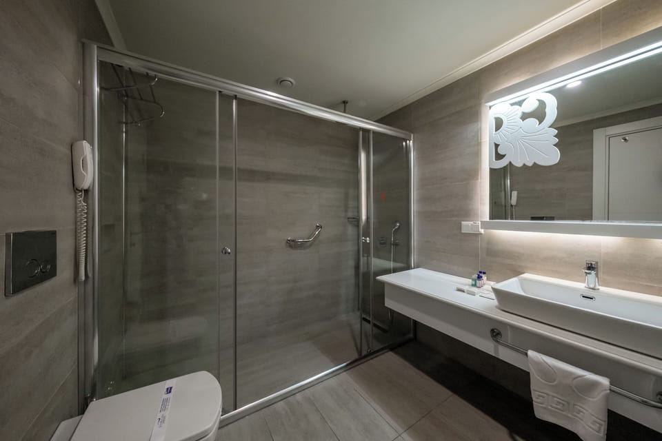 Shower, free toiletries, hair dryer, slippers