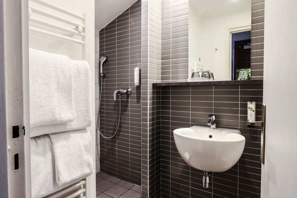 Combined shower/tub, free toiletries, hair dryer, towels