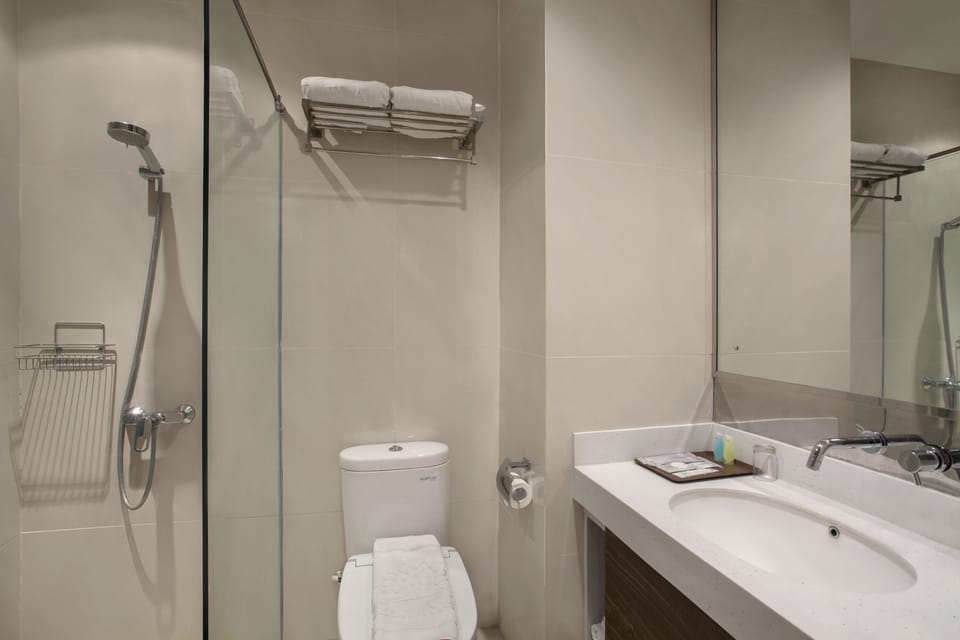 Shower, free toiletries, slippers, towels