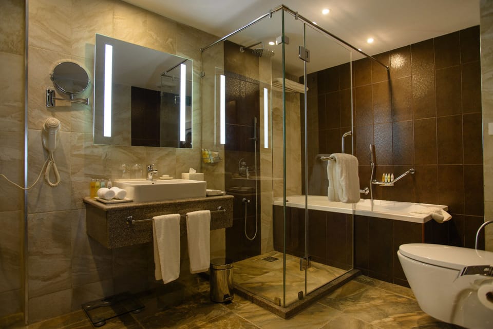 Combined shower/tub, deep soaking tub, free toiletries, hair dryer