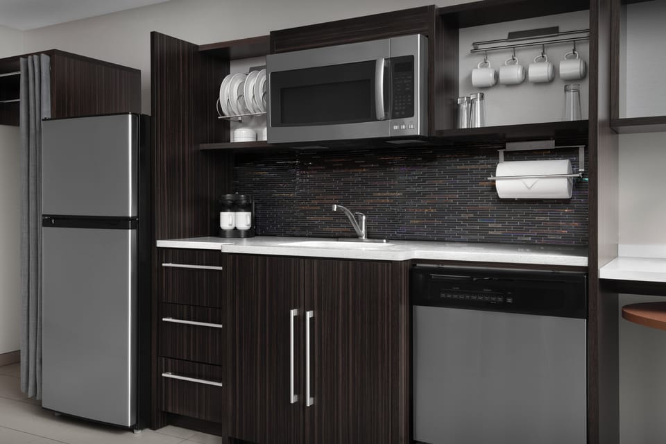 Suite, 1 King Bed, Accessible, Non Smoking (Hearing) | Private kitchen | Full-size fridge, microwave, dishwasher, coffee/tea maker
