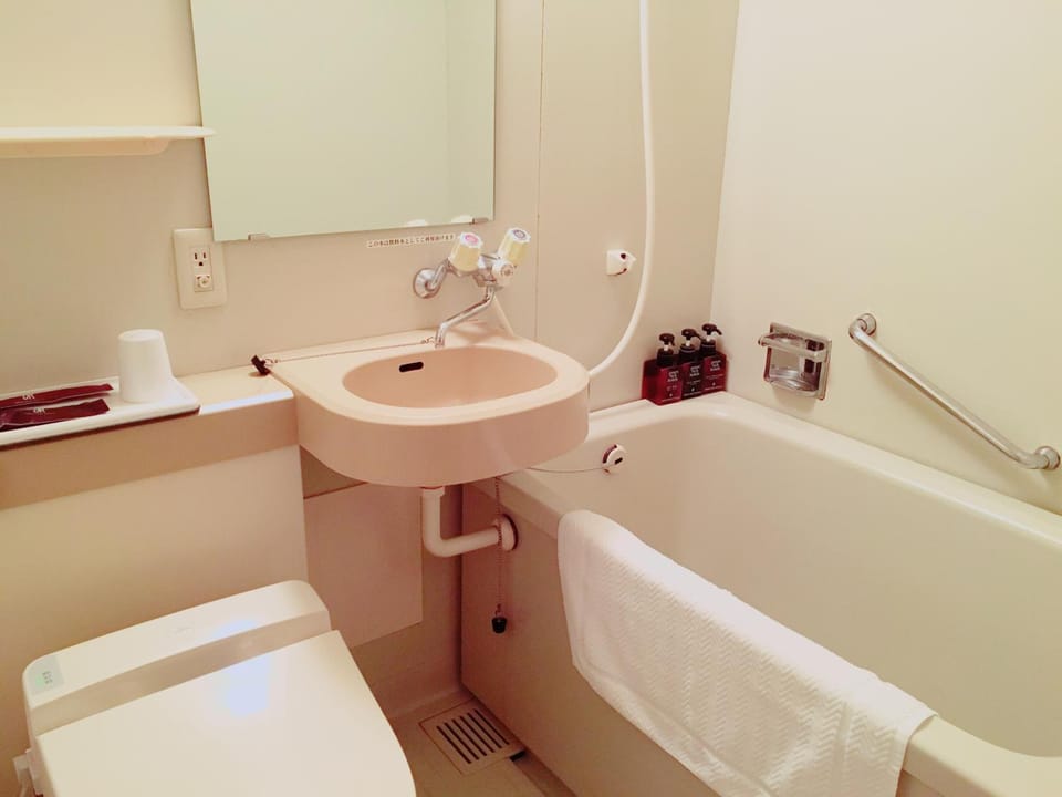 Combined shower/tub, deep soaking tub, free toiletries, hair dryer