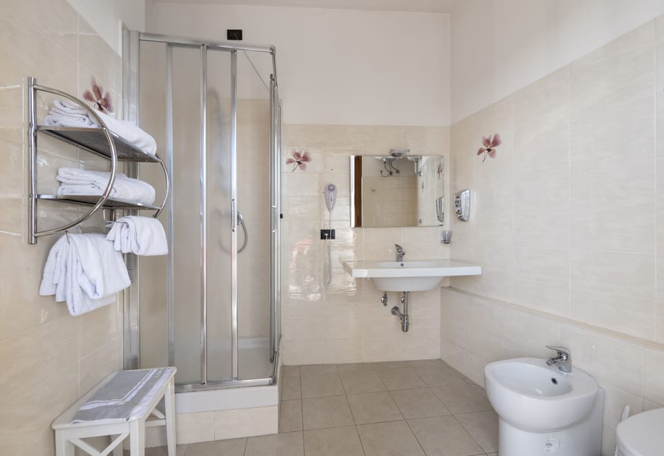 Shower, rainfall showerhead, free toiletries, hair dryer