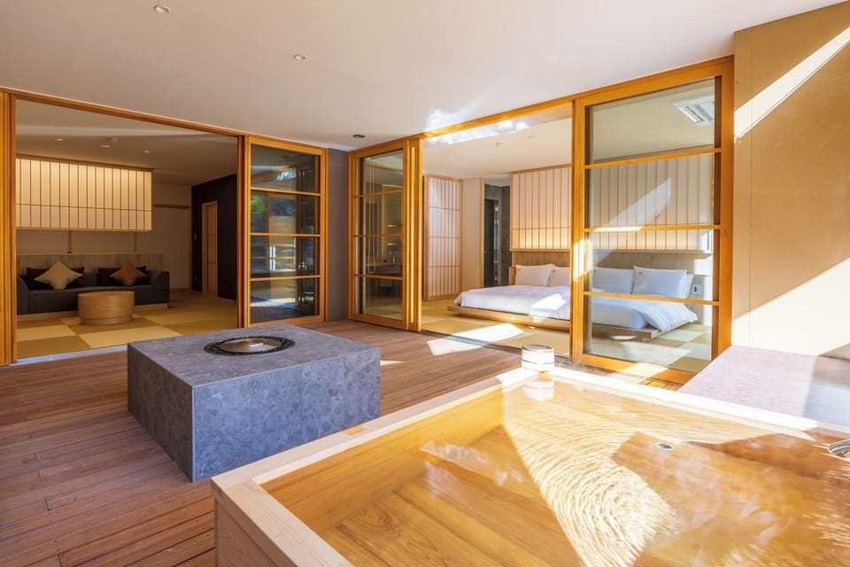 Prestige Suite with Open-Air Bath "Kumo" | Bathroom | Separate tub and shower, spring water tub, hair dryer, bathrobes