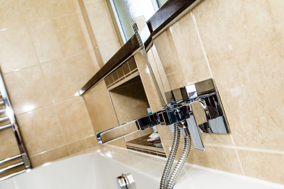 Combined shower/tub, eco-friendly toiletries, hair dryer, towels