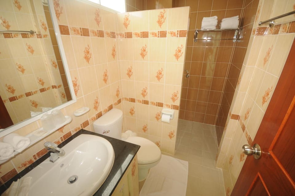 Shower, free toiletries, towels