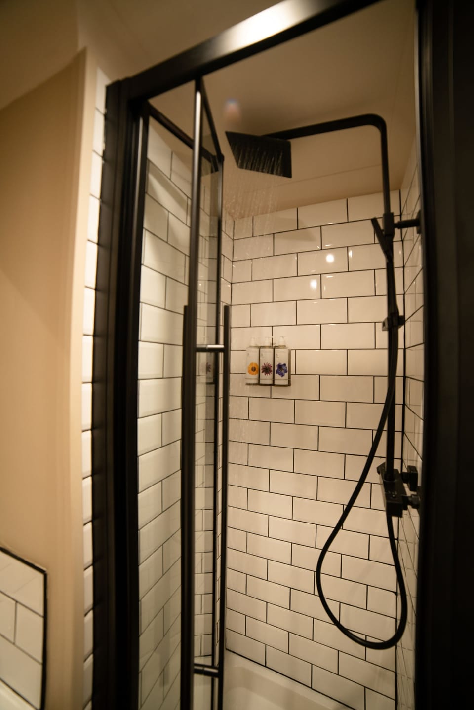 Shower, designer toiletries, hair dryer, towels