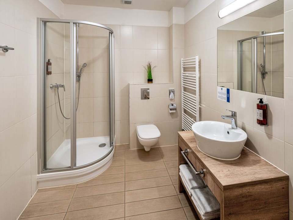 Shower, designer toiletries, hair dryer, towels