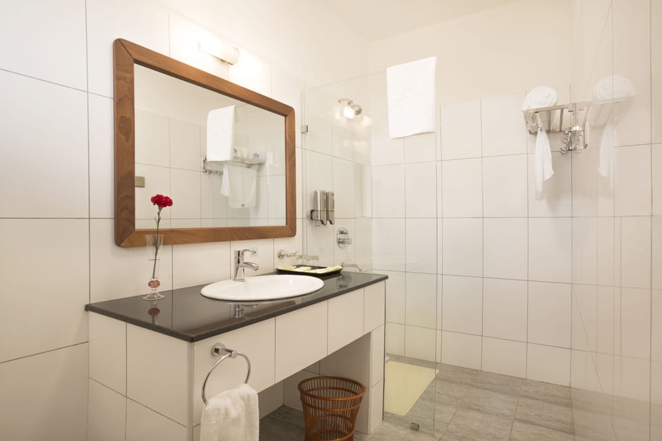 Shower, rainfall showerhead, free toiletries, hair dryer