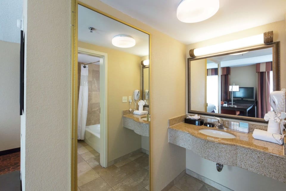Combined shower/tub, hair dryer, towels
