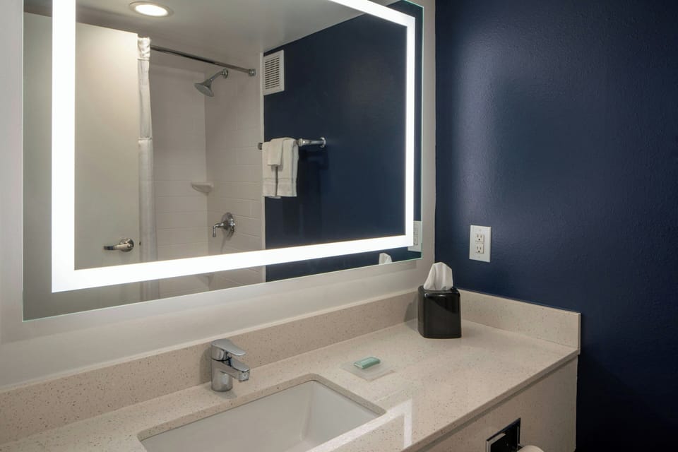 Combined shower/tub, free toiletries, hair dryer, towels