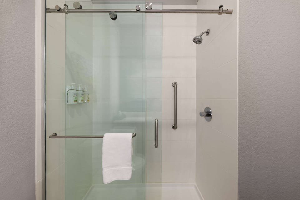 Combined shower/tub, free toiletries, hair dryer, towels