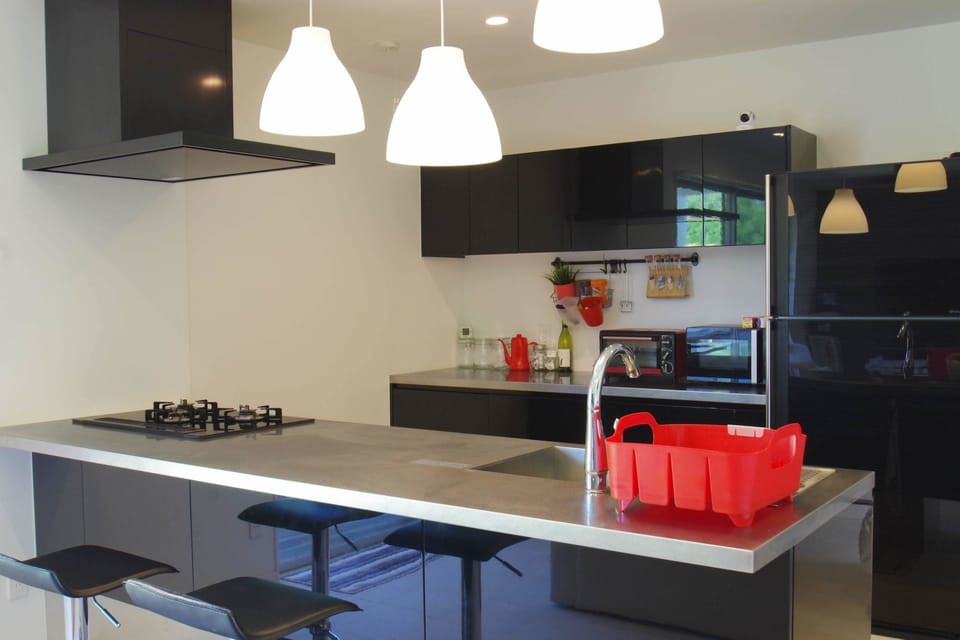 Full-size fridge, microwave, oven, stovetop