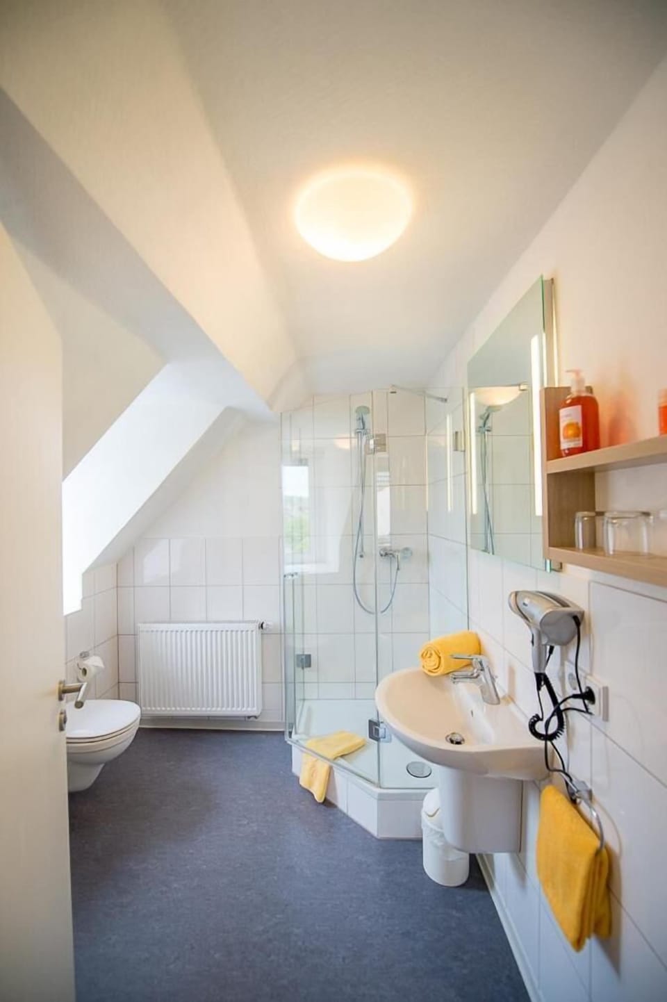 Shower, free toiletries, hair dryer, towels