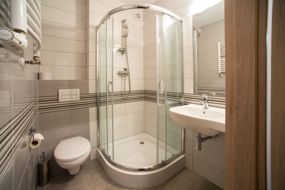 Shower, free toiletries, hair dryer, towels