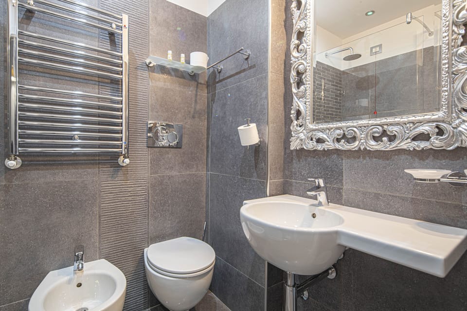 Shower, rainfall showerhead, free toiletries, hair dryer