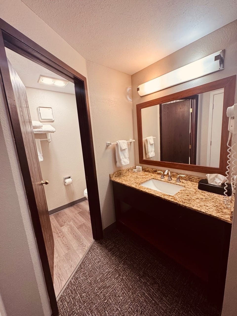 Combined shower/tub, free toiletries, hair dryer, towels
