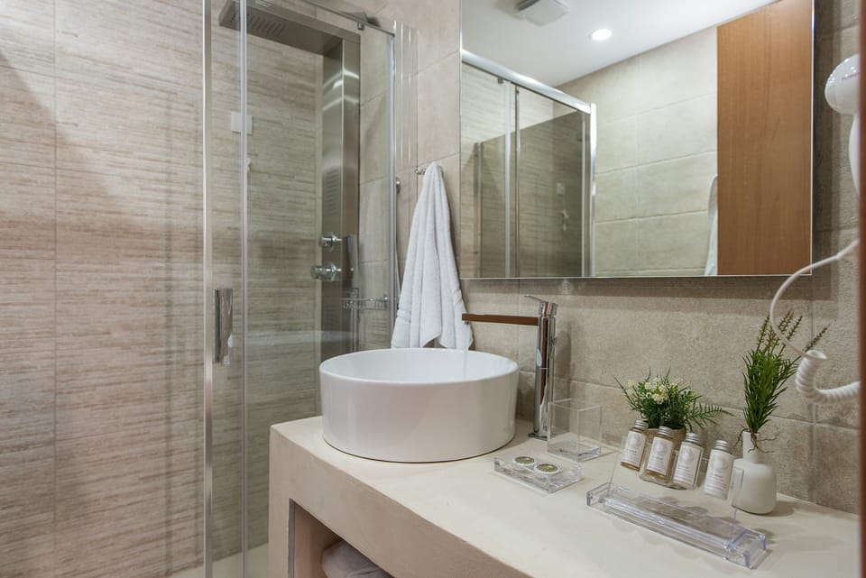 Shower, hydromassage showerhead, free toiletries, hair dryer