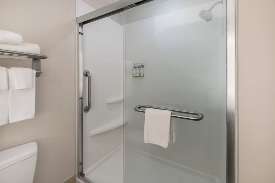 Combined shower/tub, free toiletries, hair dryer, towels