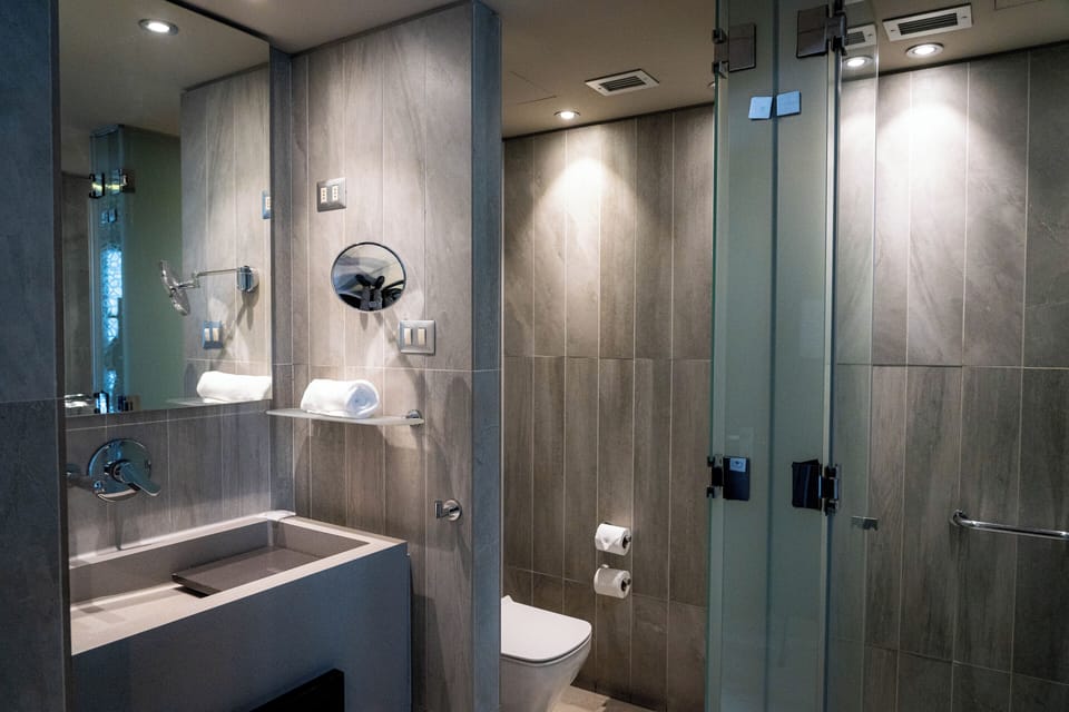 Shower, rainfall showerhead, designer toiletries, hair dryer