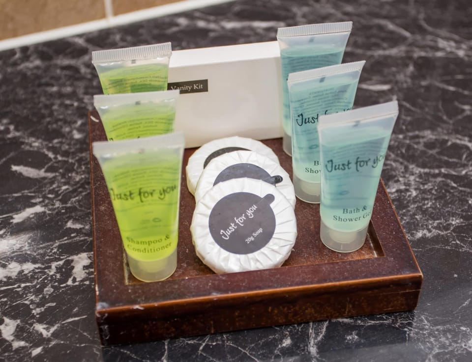 Shower, free toiletries, hair dryer, towels