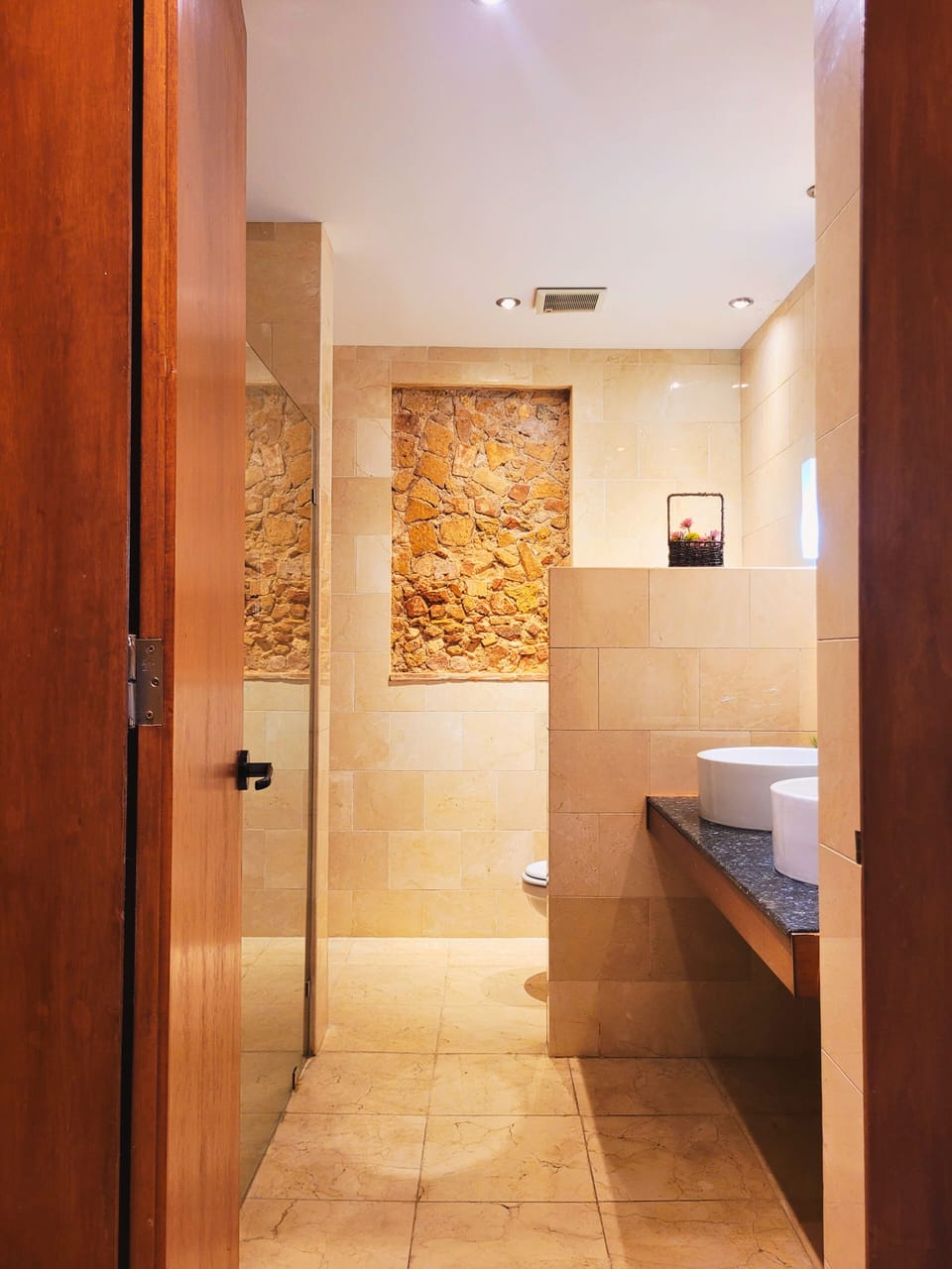 Shower, rainfall showerhead, designer toiletries