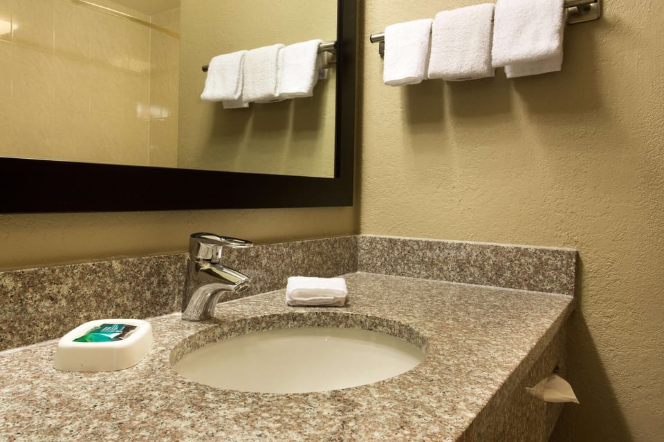 Combined shower/tub, free toiletries, hair dryer, towels