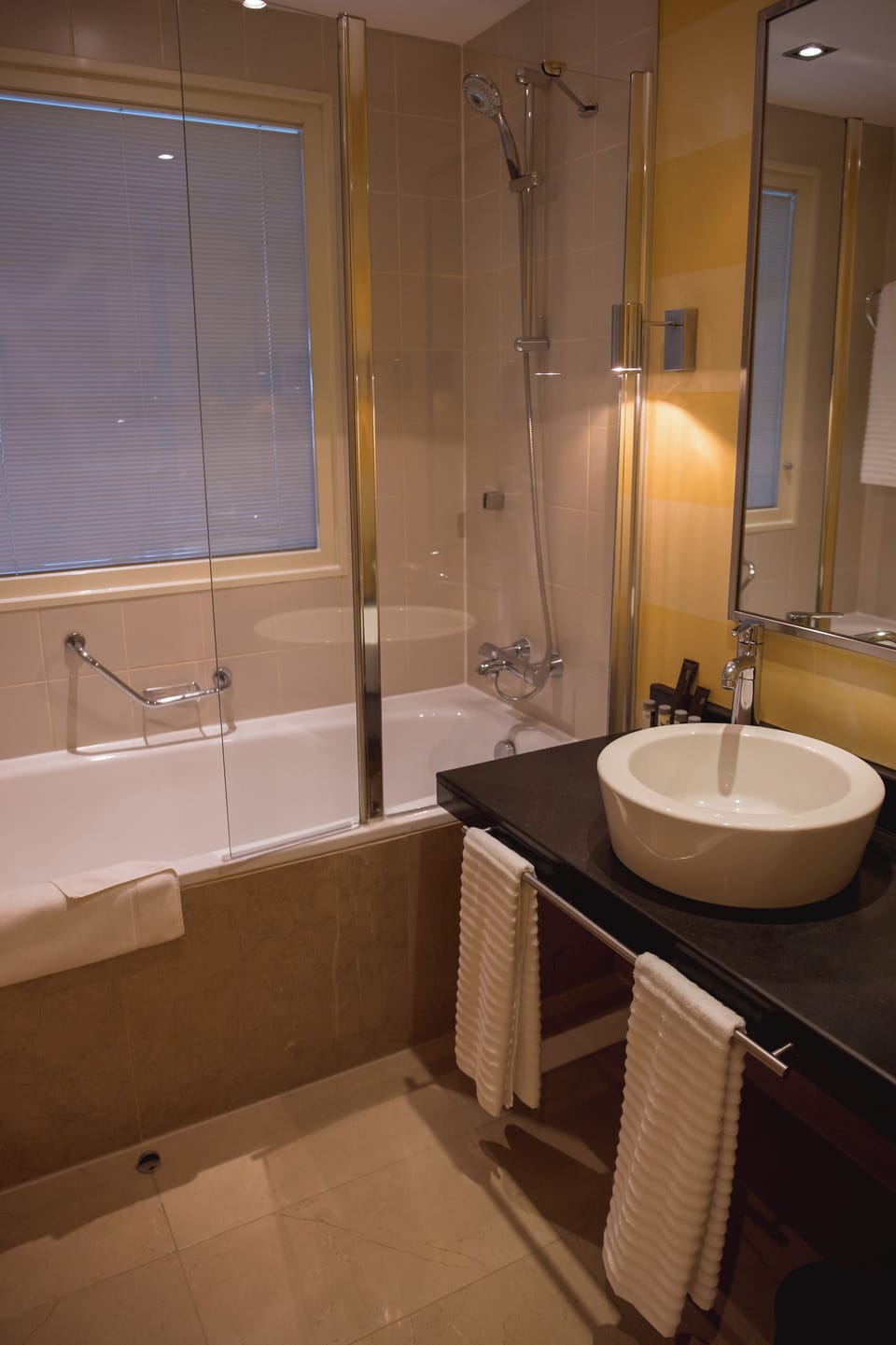 Hair dryer, towels, soap, shampoo