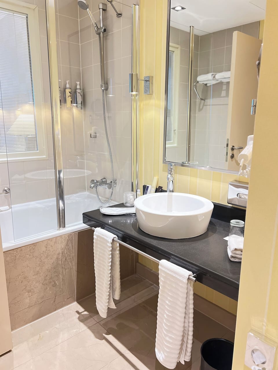 Hair dryer, towels, soap, shampoo