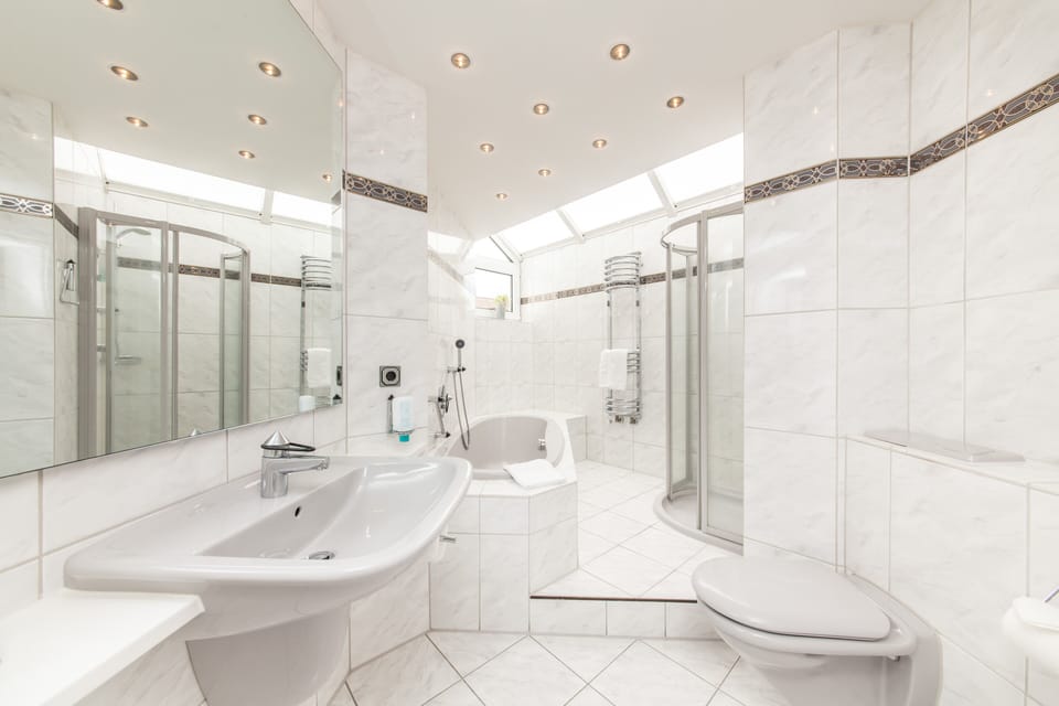Shower, free toiletries, hair dryer, towels